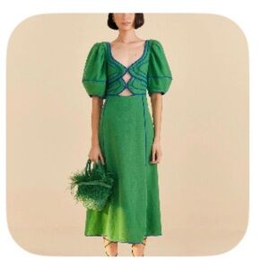 Farm rio Women's Green Piped Cutout Linen-blend Midi Dress Size Medium NWT